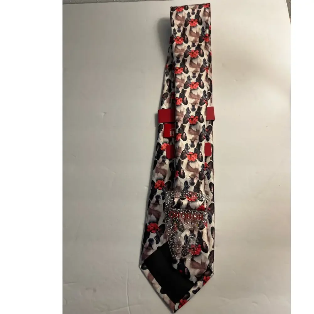 French Bulldog With Red Bow Necktie Festive Dog Print Novelty Tie HoHoHo